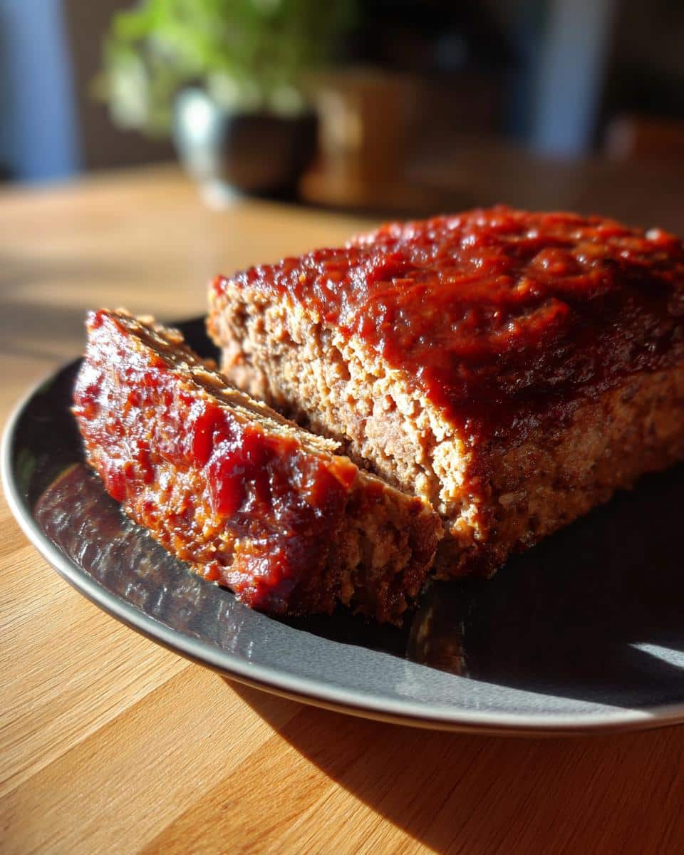 A sliced meatloaf with a rich glaze sits on a plate, showcasing its moist texture and savory topping.