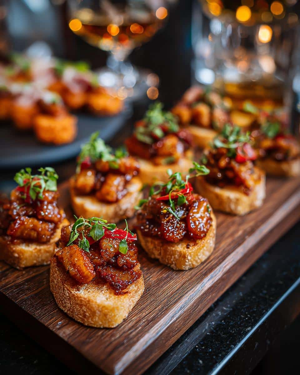 Delicious crostini appetizers on a wooden board, perfect for a Kentucky Derby party.