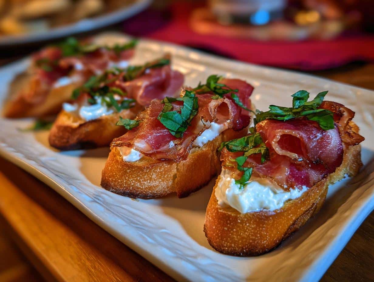 Delicious prosciutto crostini, a perfect appetizer for your Kentucky Derby party. Topped with creamy cheese and fresh herbs.