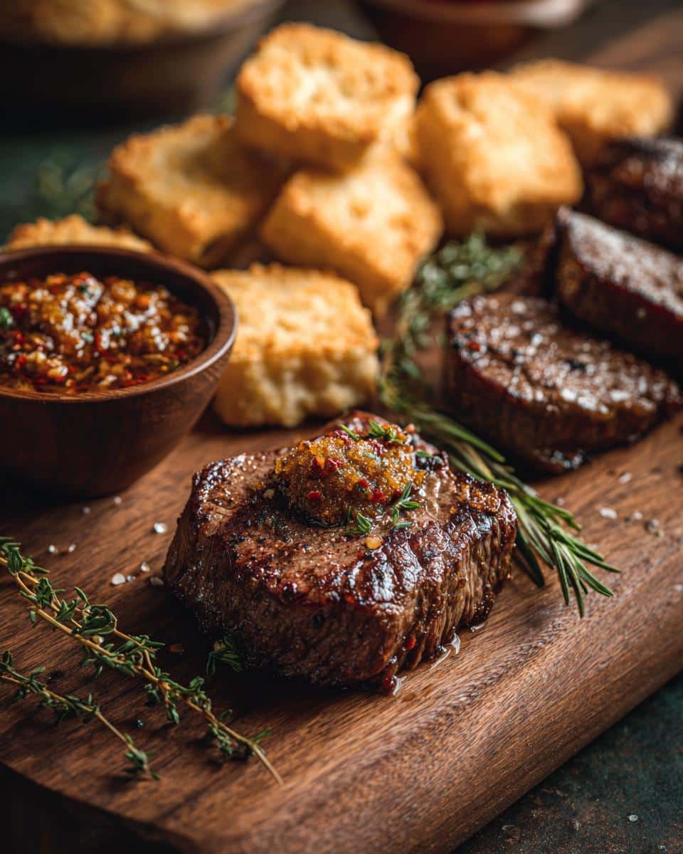Delicious grilled steak bites with sauce and biscuits, perfect for a Kentucky Derby party.