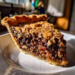 A slice of Kentucky derby pie on a white plate, showing the rich filling with nuts and chocolate.
