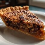 A slice of Kentucky Derby pie with pecans and chocolate chips on a white plate.