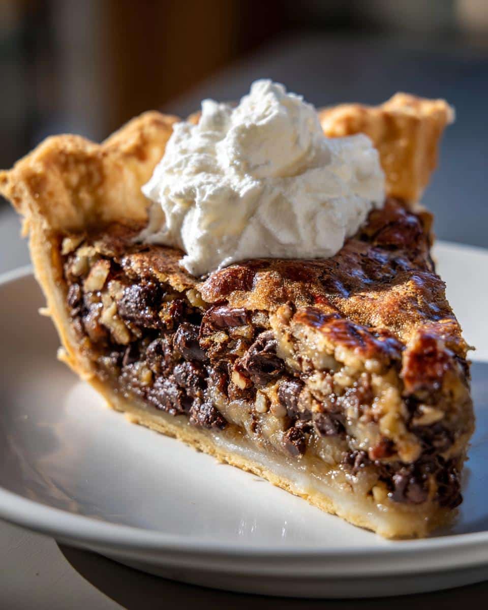 A slice of Kentucky Derby Pie topped with whipped cream, showcasing the chocolate and nut filling.