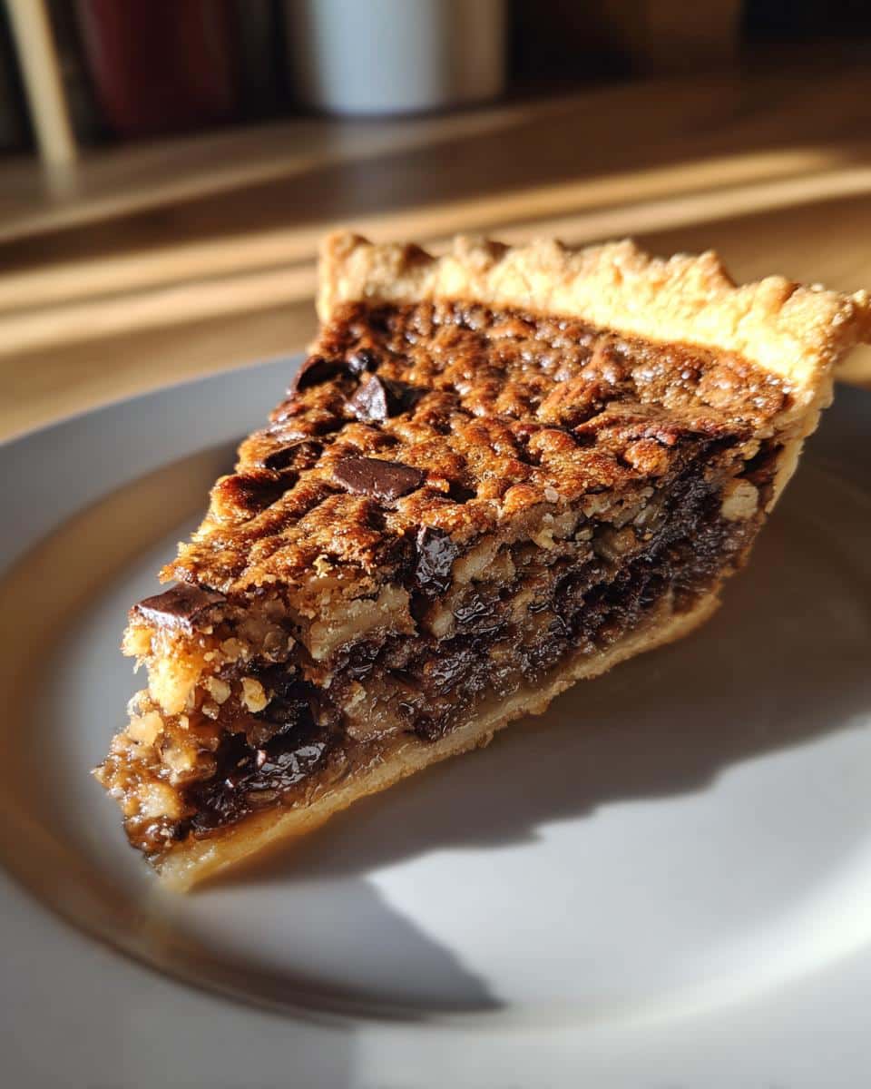 A delicious slice of Kentucky Derby Pie, showcasing chocolate, nuts, and a flaky crust.
