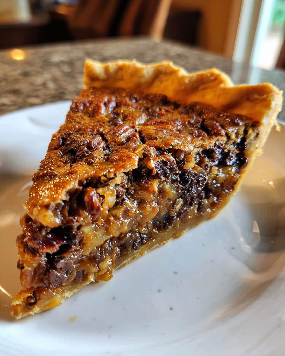 A delicious slice of Kentucky Derby Pie, showcasing the pecans, chocolate, and flaky crust.