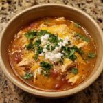A bowl of Keto White Chicken Chili topped with shredded cheese, crumbled cheese, and fresh cilantro.