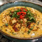 A bowl of creamy Keto White Chicken Chili, garnished with fresh herbs and sliced red chili peppers.