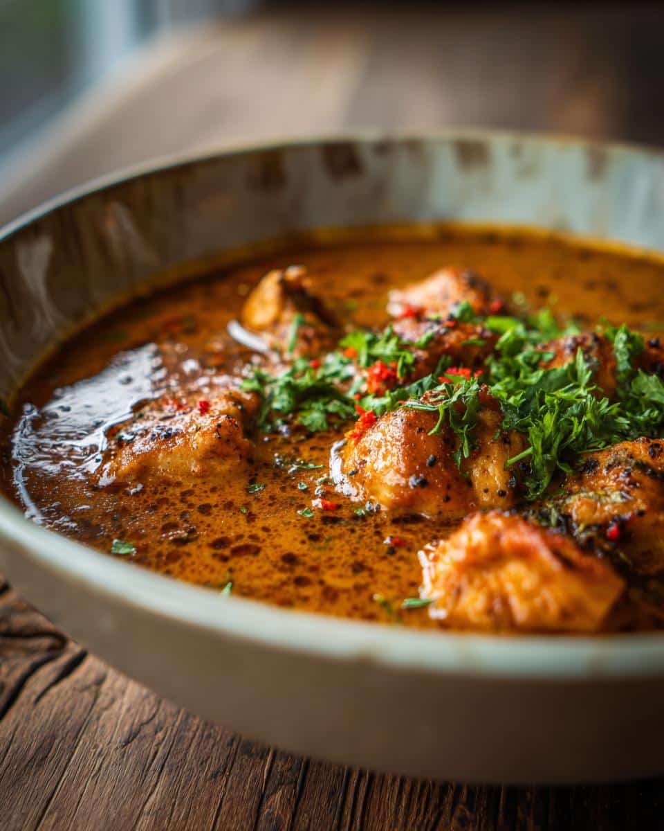 A bowl of Keto White Chicken Chili, garnished with fresh parsley and red pepper flakes.