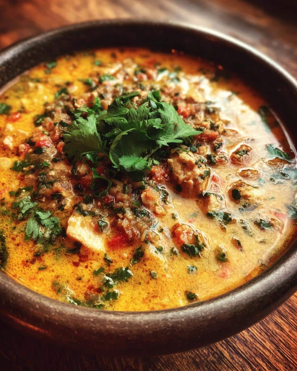 Close-up of Keto White Chicken Chili in a bowl, garnished with cilantro. Creamy, delicious, and keto-friendly.