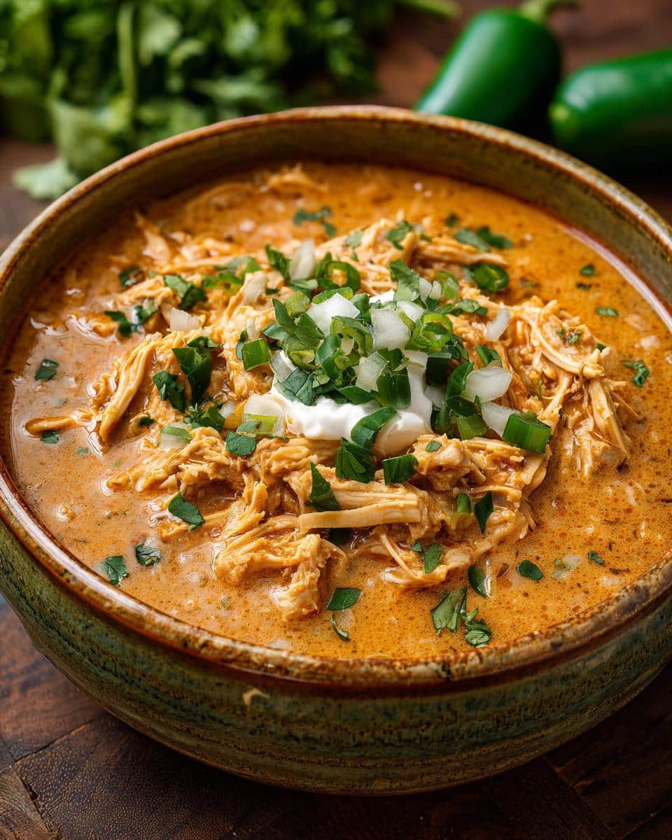 A bowl of Keto White Chicken Chili, topped with shredded chicken, sour cream, onions, and cilantro.