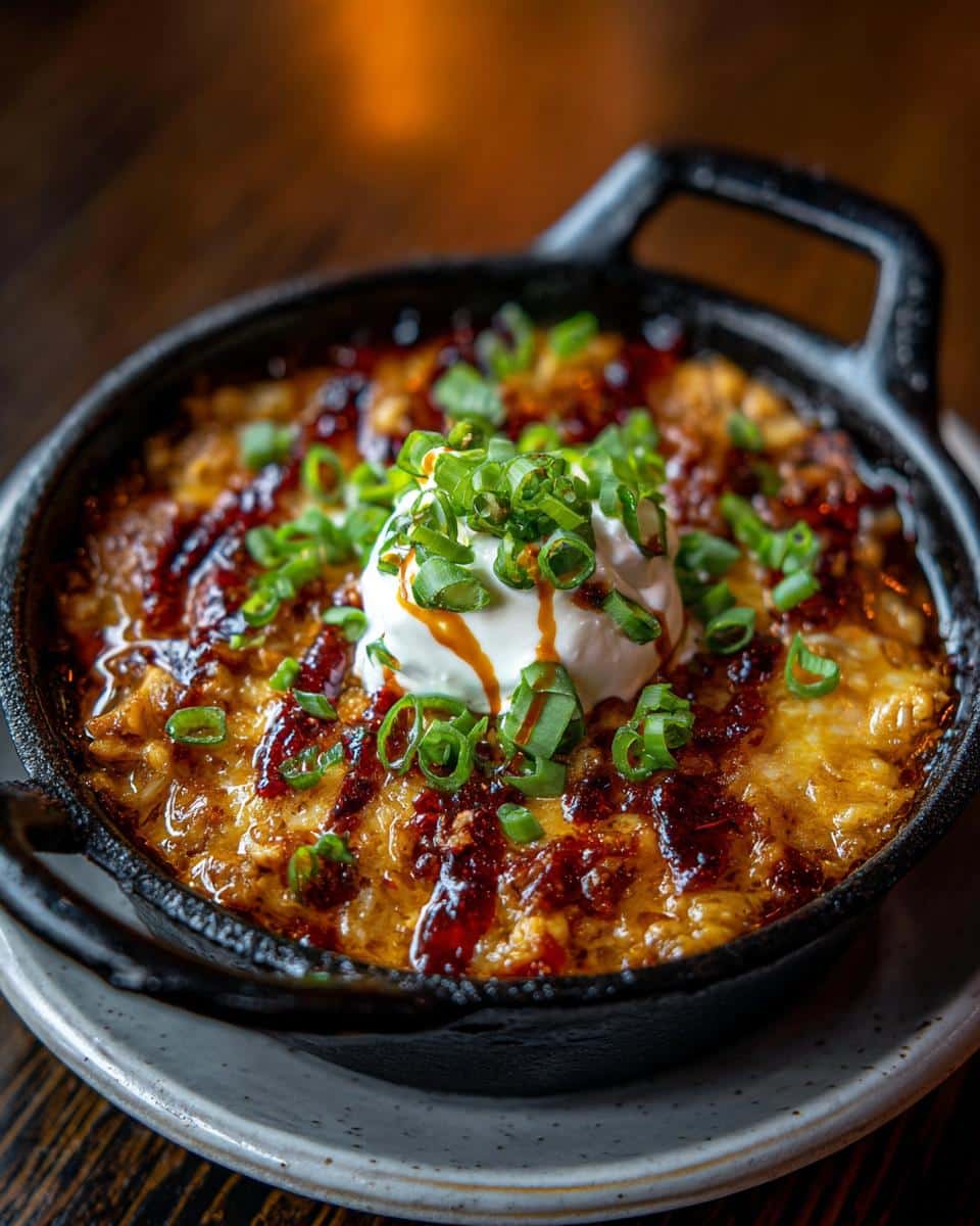 Close-up of Keto White Chicken Chili in a skillet, topped with sour cream and green onions.