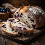 A loaf of lemon blueberry sourdough bread with two slices cut, showing the blueberries inside.