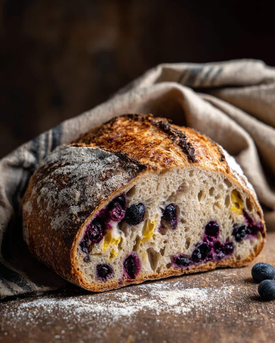 A sliced loaf of lemon blueberry sourdough bread showing the blueberries and lemon zest inside.