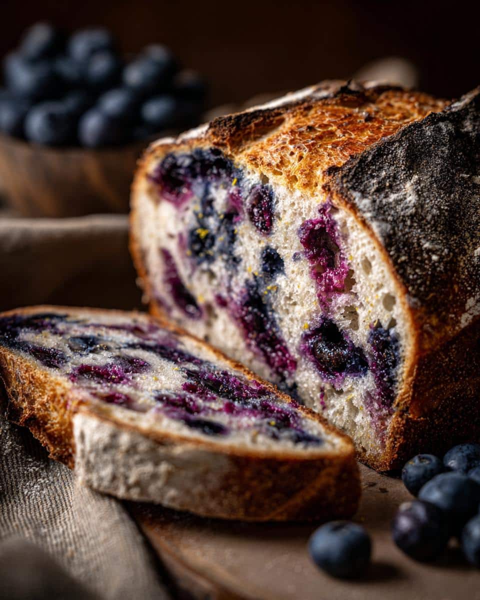 Close-up of sliced lemon blueberry sourdough bread showing the texture and blueberries inside.