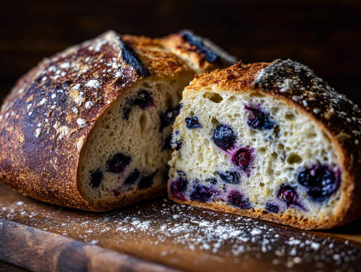 Close-up of a sliced lemon blueberry sourdough bread loaf on a wooden board, showcasing the blueberries.