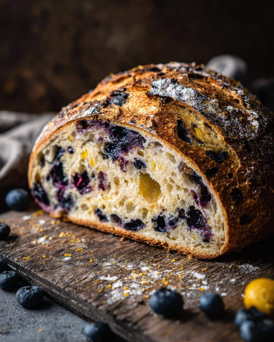 A slice of lemon blueberry sourdough bread on a wooden board, showcasing the blueberries and lemon zest.