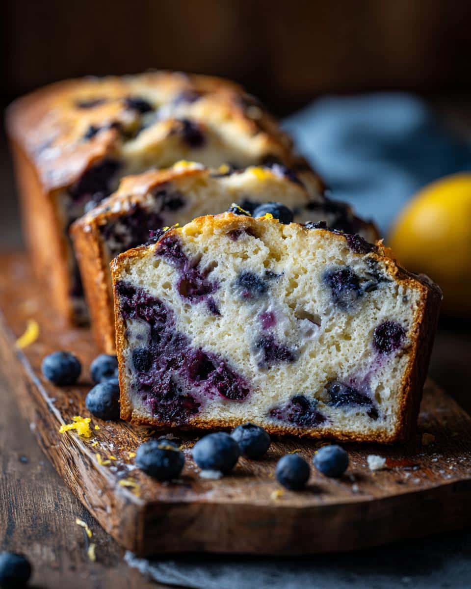 A slice of lemon blueberry sourdough bread on a wooden board, showcasing the blueberries and lemon zest.