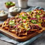 Delicious Loaded Sheet Pan Nachos with seasoned beef, melted cheese, jalapenos, and red onions on a wooden board.