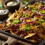 Close-up of Loaded Sheet Pan Nachos with beef, cheese, jalapenos, and red onions on a dark baking sheet.