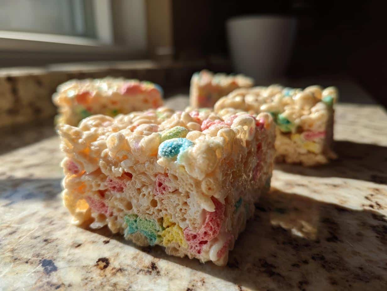 Close-up of Lucky Charms rice crispy treats squares on a marble surface, showcasing colorful marshmallows.