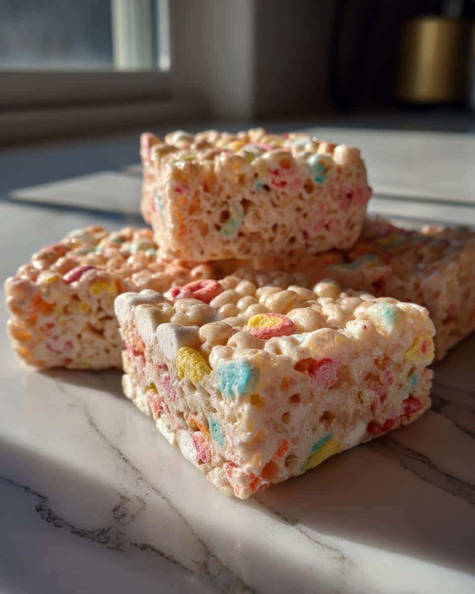 A stack of Lucky Charms rice crispy treats, showing the colorful cereal and marshmallow texture.