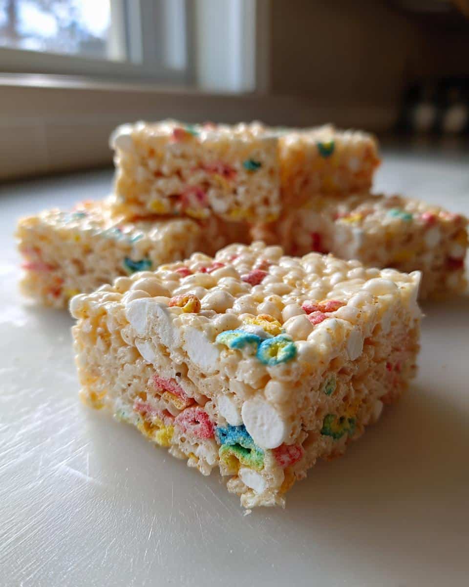 A stack of homemade Lucky Charms rice crispy treats, showing colorful marshmallows and crispy rice cereal.