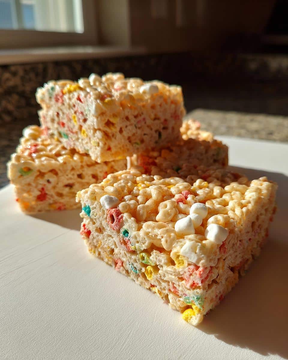 A stack of homemade Lucky Charms rice crispy treats with colorful marshmallows on a white surface.