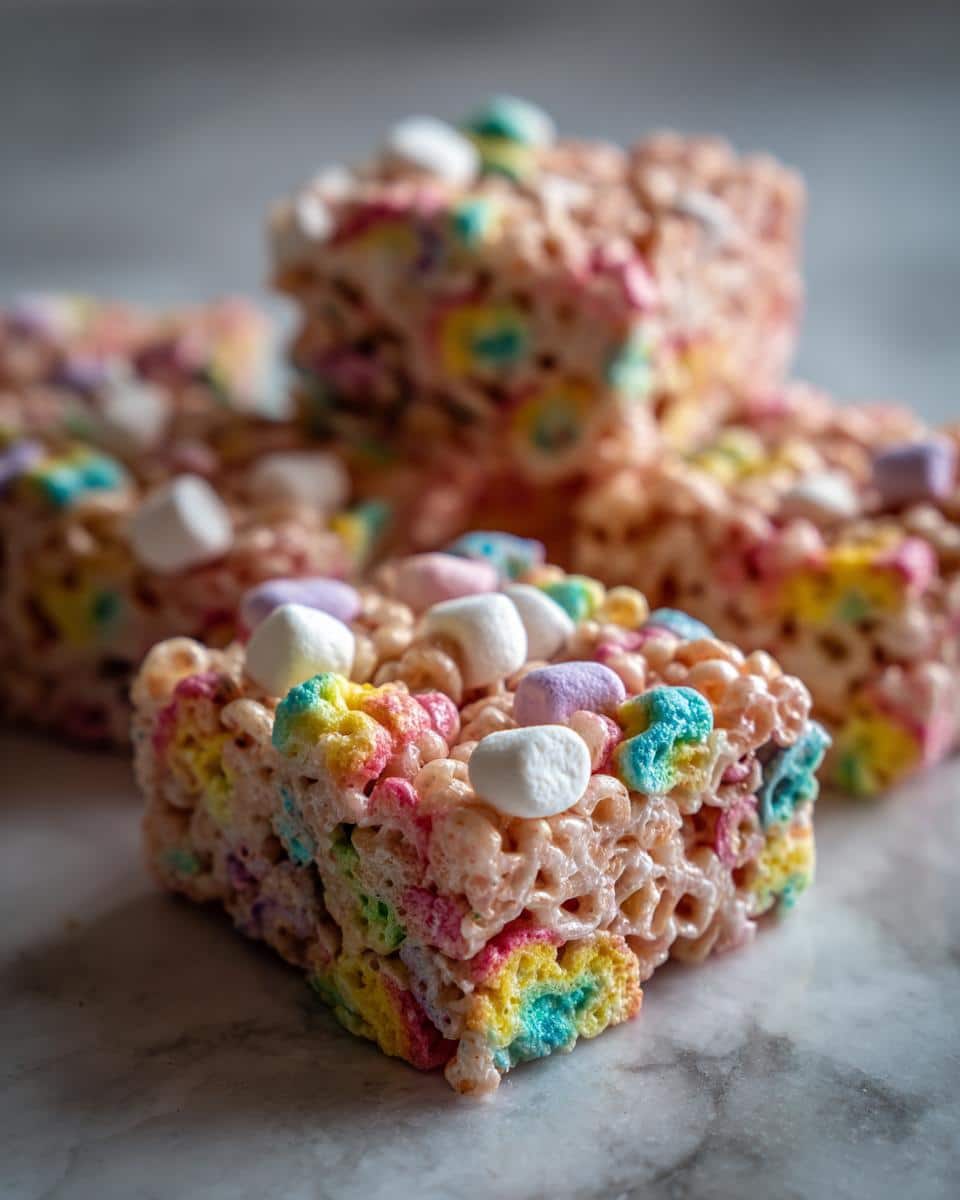 Stack of Lucky Charms rice crispy treats, showcasing colorful marshmallows and crispy texture.