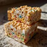 Two stacked Lucky Charms rice crispy treats showing colorful marshmallows and cereal.