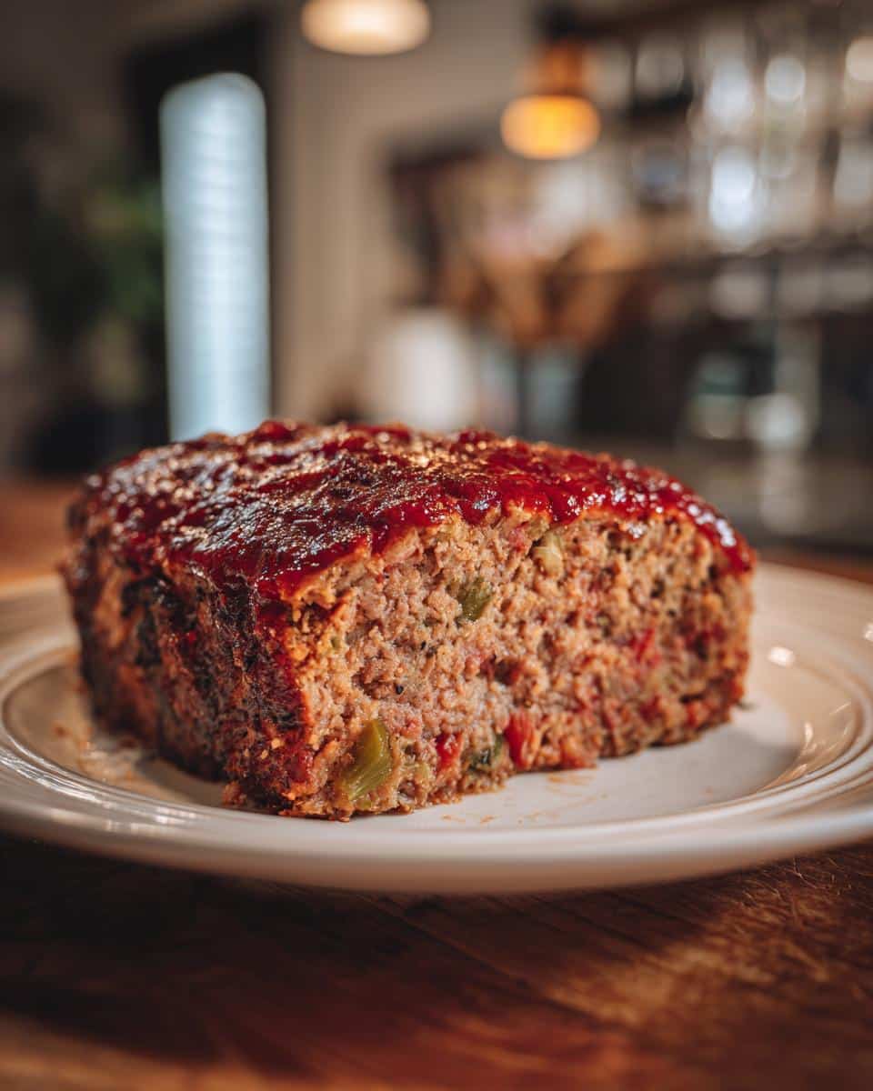 A slice of homemade meatloaf with a glazed top, served on a white plate. Delicious meatloaf recipe.