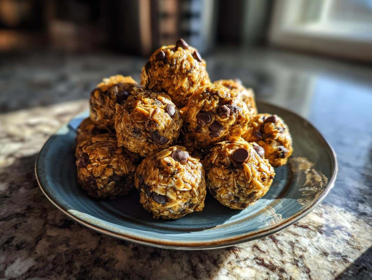 A stack of homemade protein balls with oats and chocolate chips on a blue plate, ready to eat.