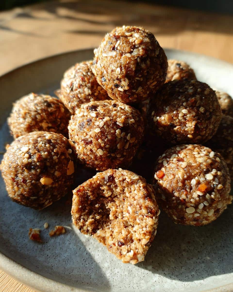 A pile of homemade oatmeal protein balls on a plate, one with a bite taken out to show the texture.
