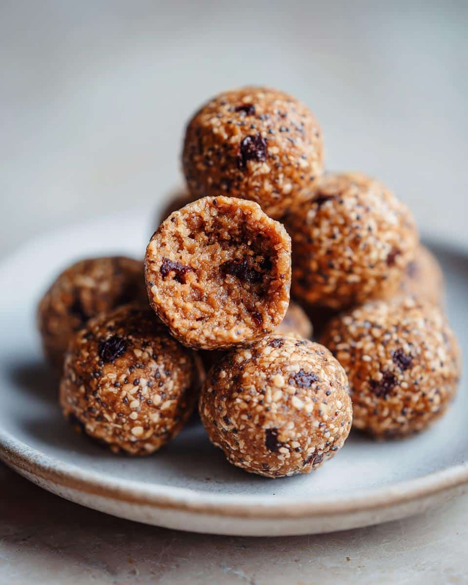 A stack of oatmeal protein balls on a plate, with one cut in half to show the texture inside.
