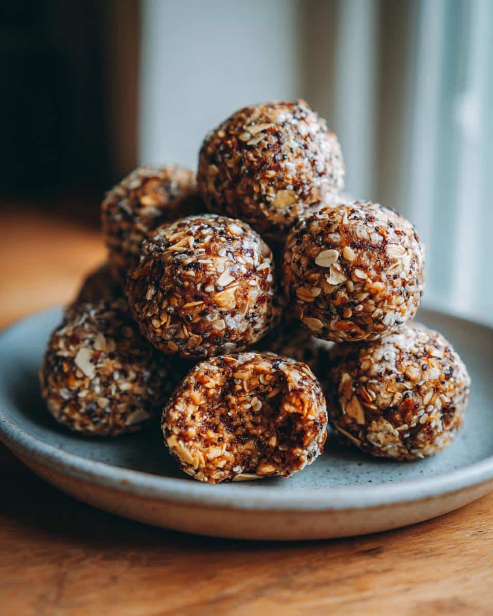 A stack of delicious oatmeal protein balls on a plate, one with a bite taken out to show the texture.