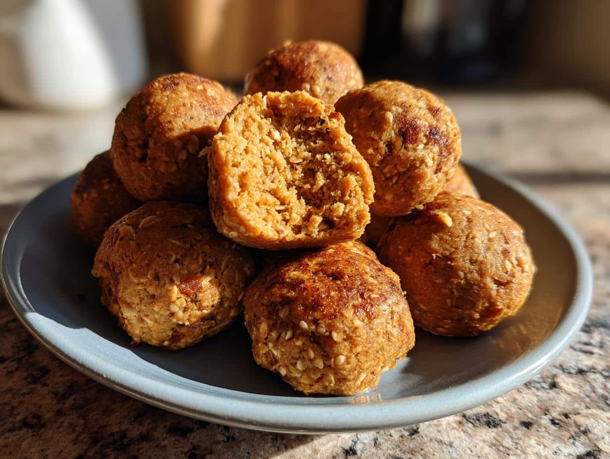 A stack of oatmeal protein balls on a plate, one cut in half to show the texture inside.
