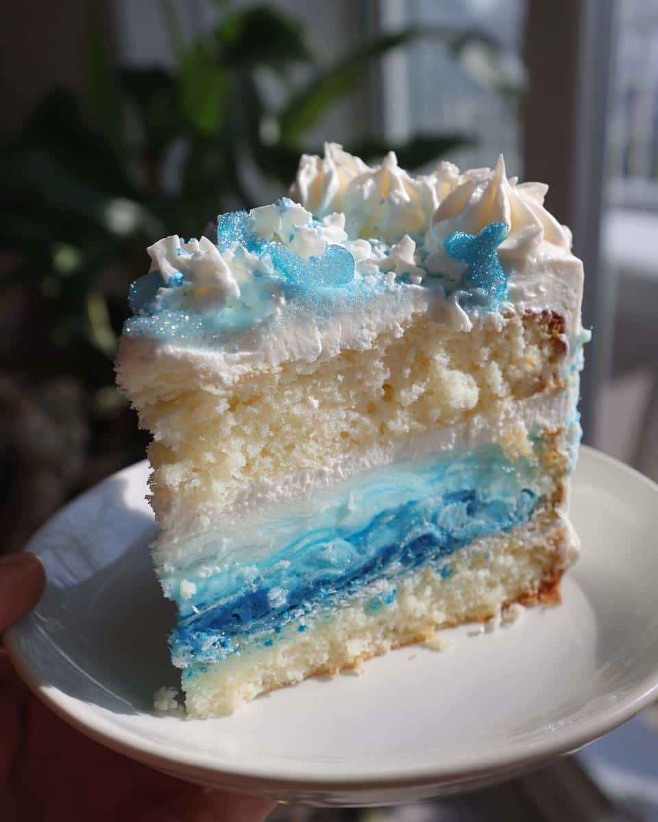 A slice of Pisces birthday cake featuring layers of white cake and blue frosting, topped with white frosting and blue sprinkles.