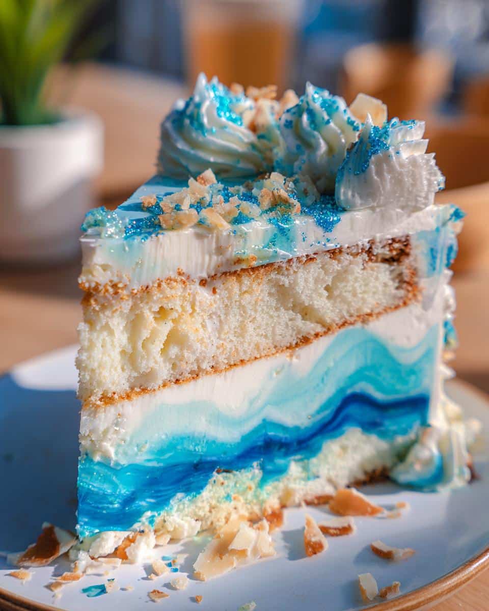 A slice of Pisces birthday cake featuring layers of vanilla cake and blue wave-patterned frosting, topped with sprinkles and nuts.