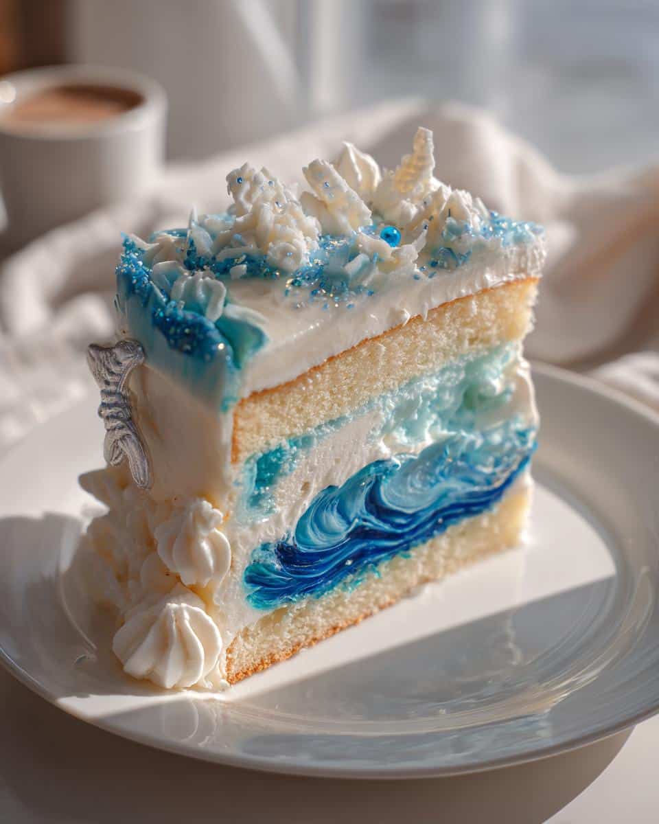 A slice of Pisces birthday cake decorated with blue waves, white frosting, and edible glitter.