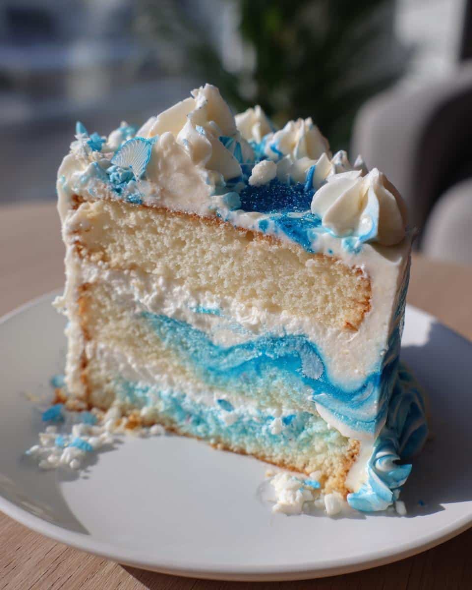 A slice of Pisces birthday cake with blue and white frosting, layered sponge, and decorative sprinkles.