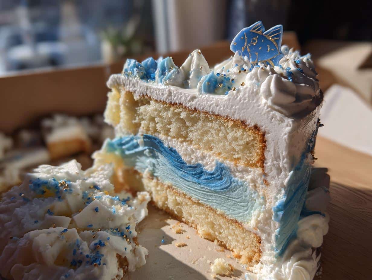 A slice of Pisces birthday cake with white frosting, blue decorations, and a fish topper.