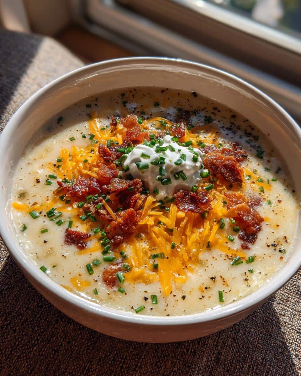 Bowl of creamy potato soup topped with bacon, shredded cheese, sour cream, and chives.