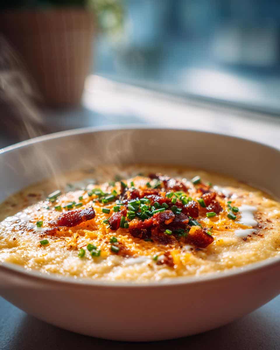 Steaming bowl of potato soup topped with crispy bacon, chives, and a dollop of sour cream.