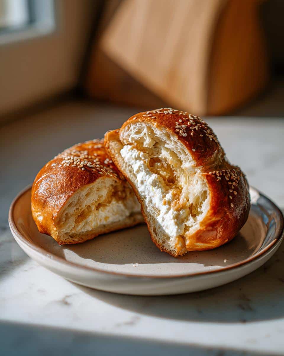 A protein bagel with greek yogurt filling, sliced in half and displayed on a plate, topped with sesame seeds.