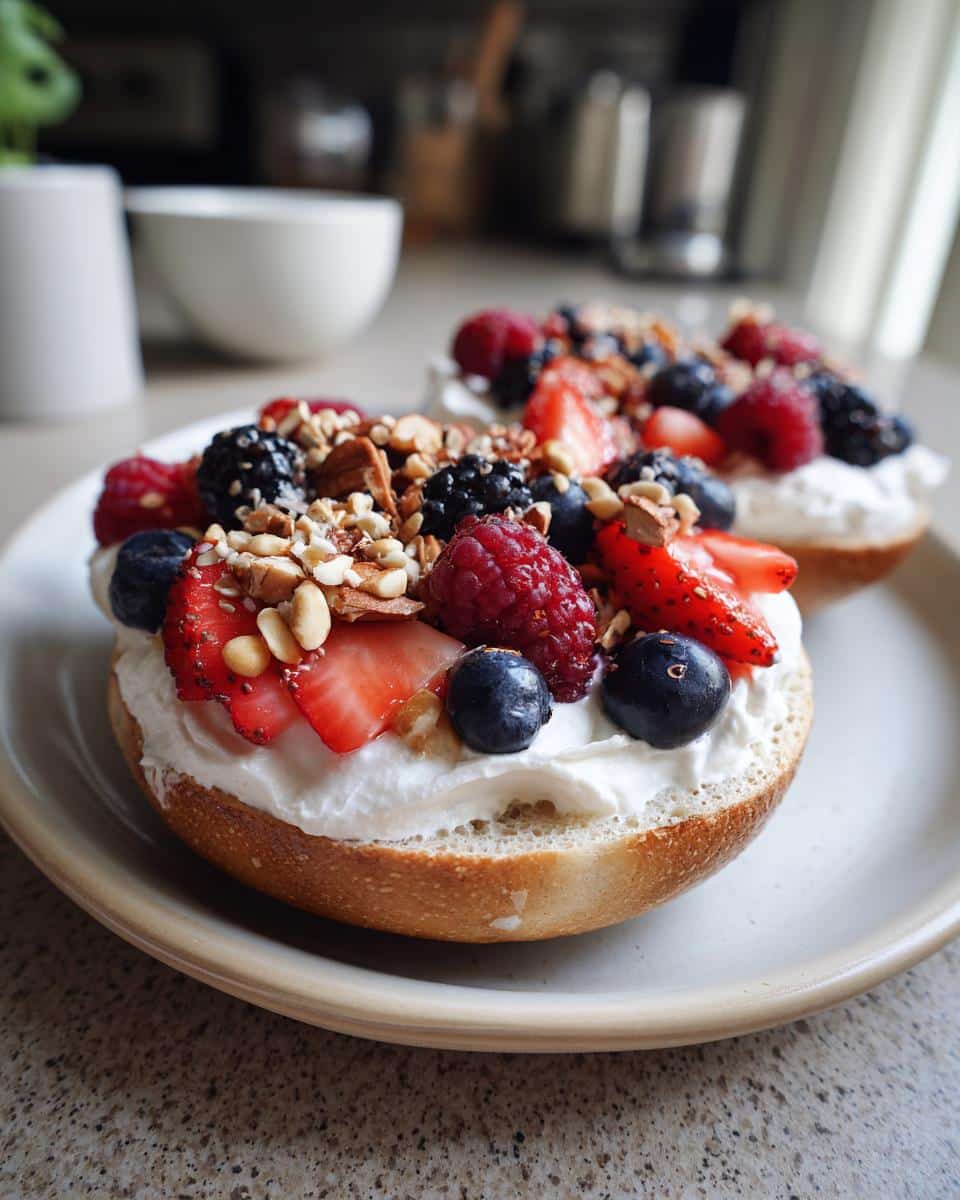 Two protein bagels with Greek yogurt, topped with fresh berries and nuts on a plate.