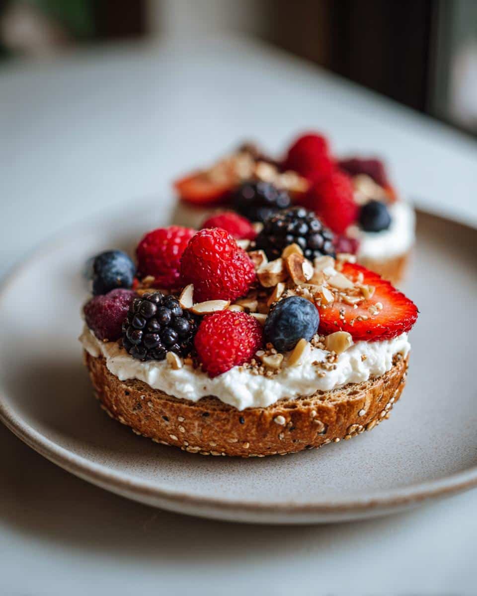Two protein bagels with Greek yogurt, topped with fresh berries and nuts on a plate.