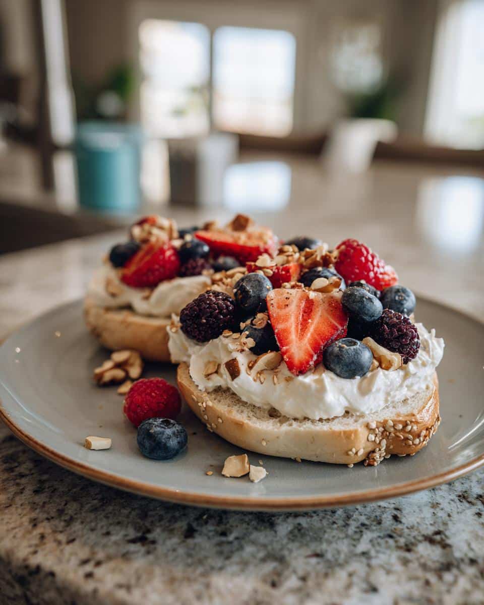 Two protein bagels with greek yogurt, topped with fresh berries and nuts, served on a plate.