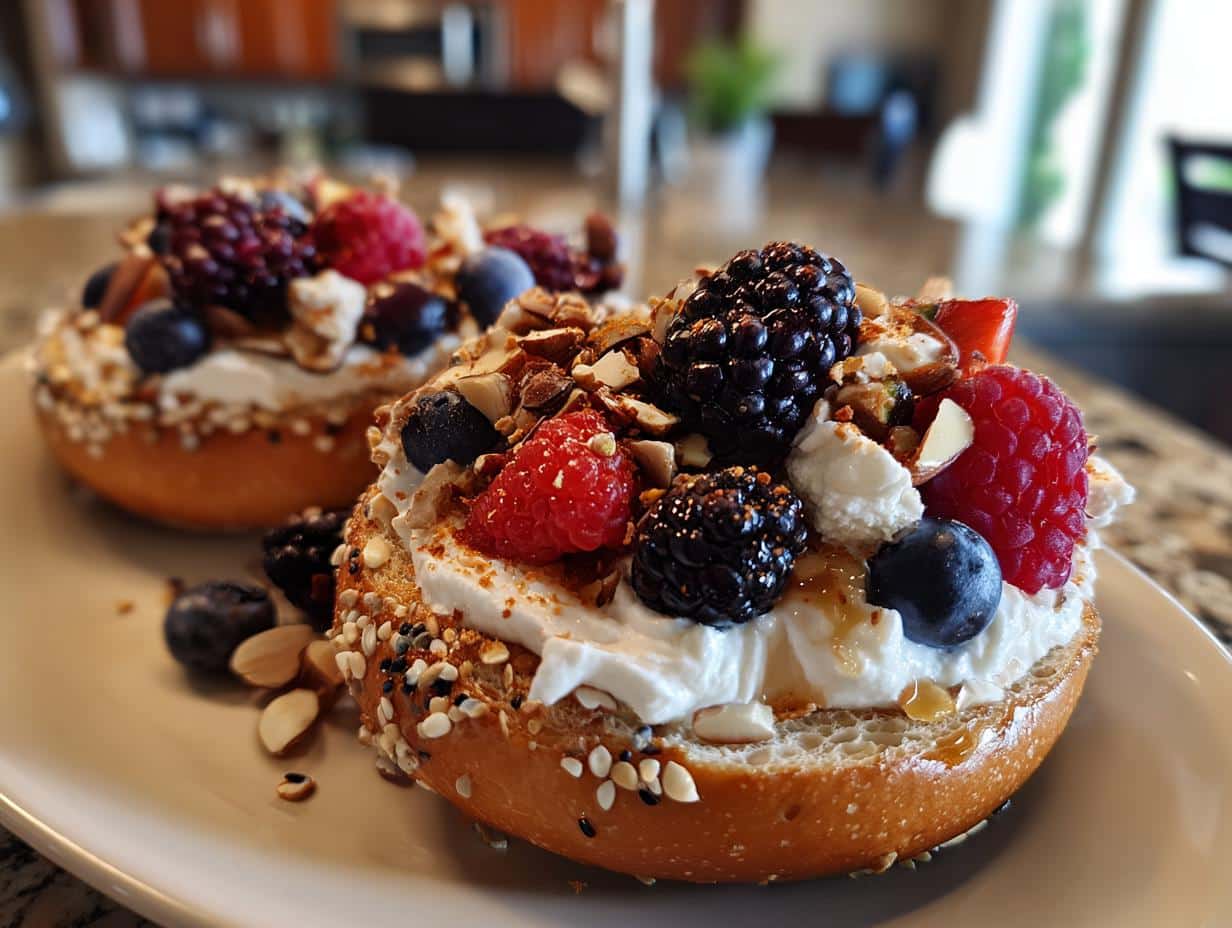 Two protein bagels with greek yogurt, mixed berries, and nuts on a plate. A quick and healthy breakfast.