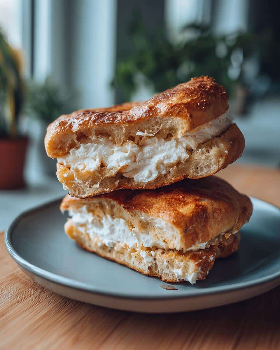 Two halves of protein bagels stacked, filled with creamy Greek yogurt on a blue plate.