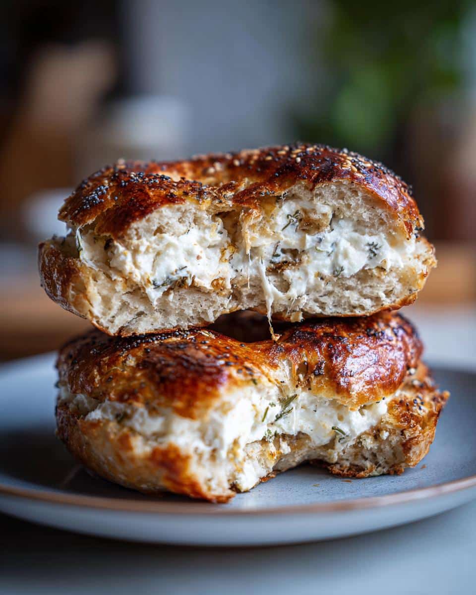 Two protein bagels with greek yogurt filling stacked on a plate, one bagel cut in half showing the creamy filling.