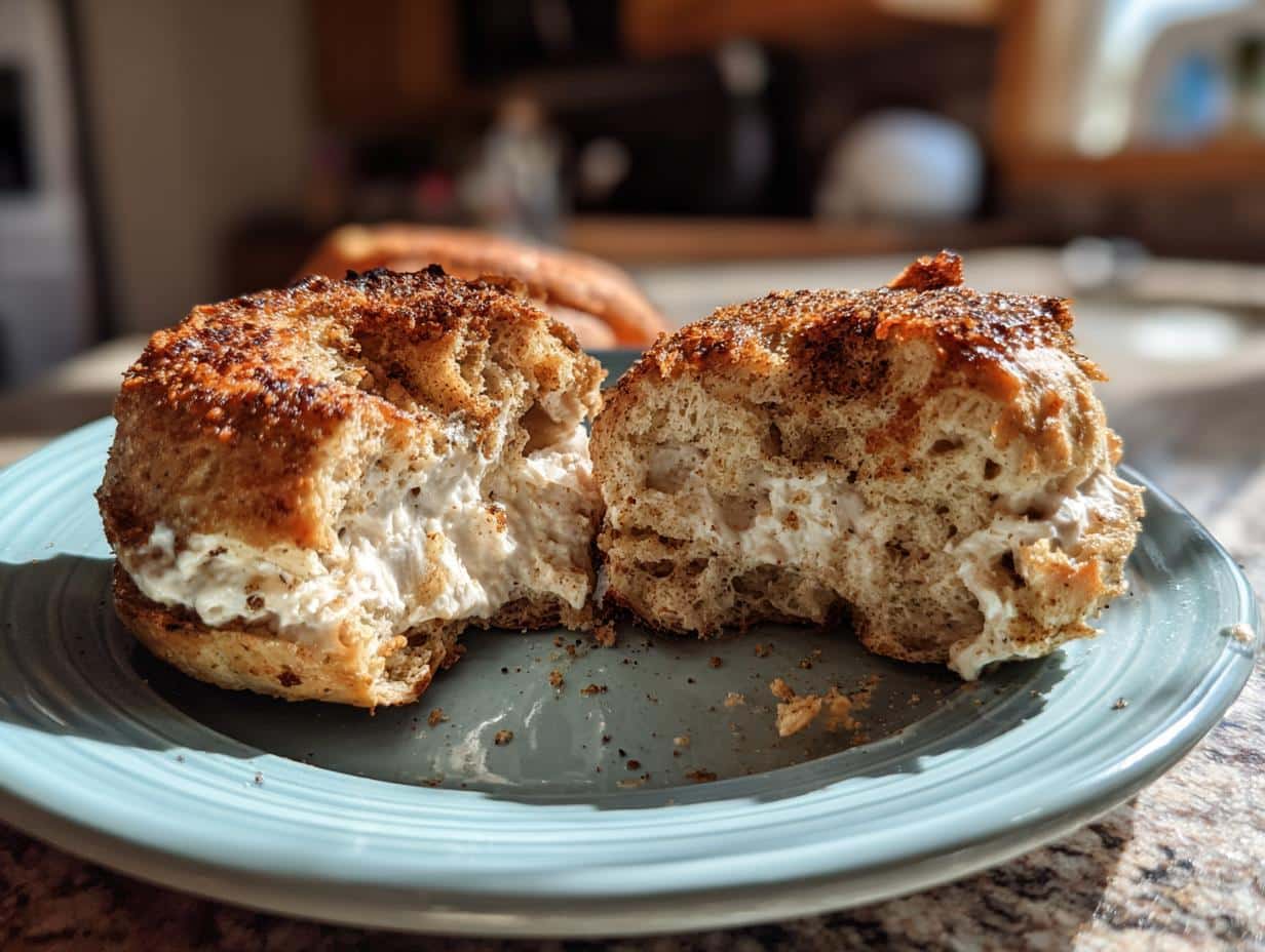 A protein bagel cut in half, filled with creamy Greek yogurt on a light blue plate.